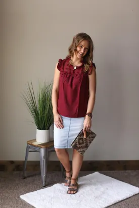 Wine Swiss Dot Ruffle Sleeve • S