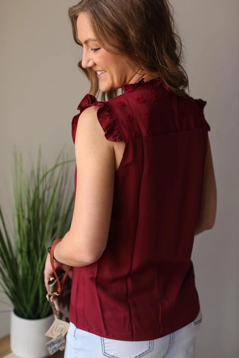 Wine Swiss Dot Ruffle Sleeve • S