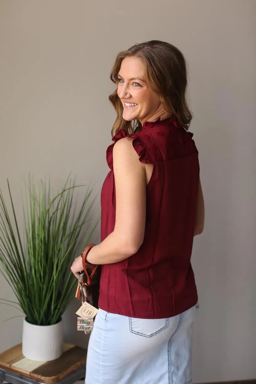 Wine Swiss Dot Ruffle Sleeve • S