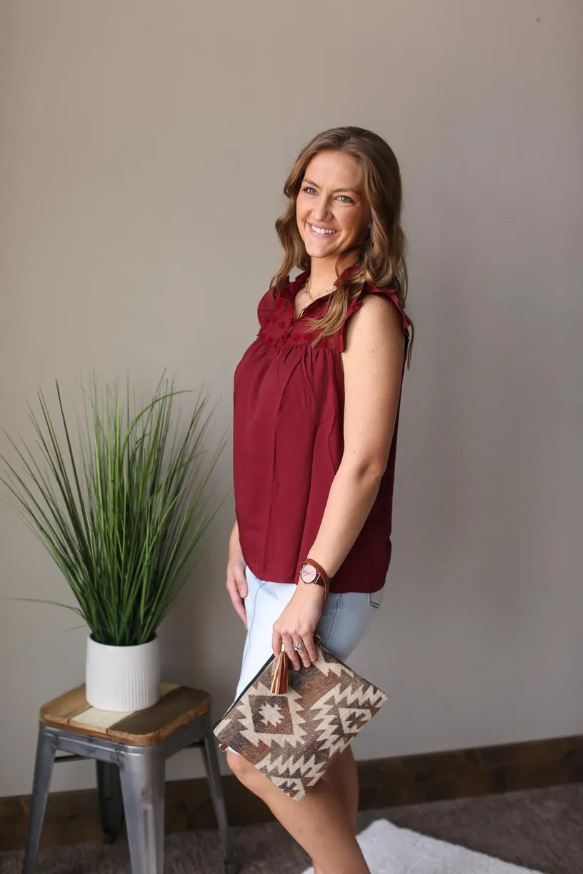 Wine Swiss Dot Ruffle Sleeve • S